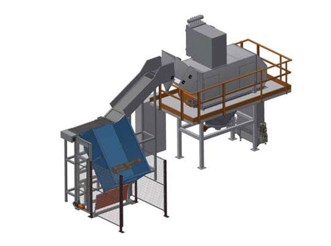 Comav s.r.l. SVR NT LT palletkantelaar zakkensnijmachine en zakken leegsysteem met palletkantelaar en transportband